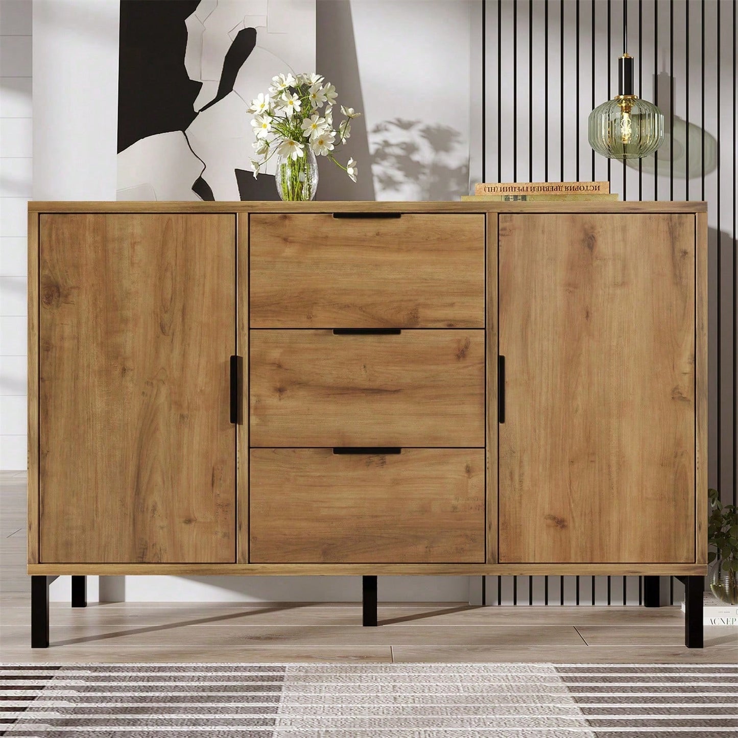 Kommode mit 2 Türen und 3 Schubladen, 120 x 40 x 76 cm in Dunkle Eiche, Verstellbare Ablage, Sideboard Highboard für Schlafzimmer & alle Wohnräume