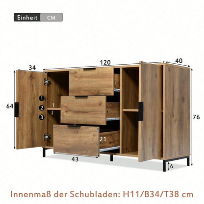 Kommode mit 2 Türen und 3 Schubladen, 120 x 40 x 76 cm in Dunkle Eiche, Verstellbare Ablage, Sideboard Highboard für Schlafzimmer & alle Wohnräume
