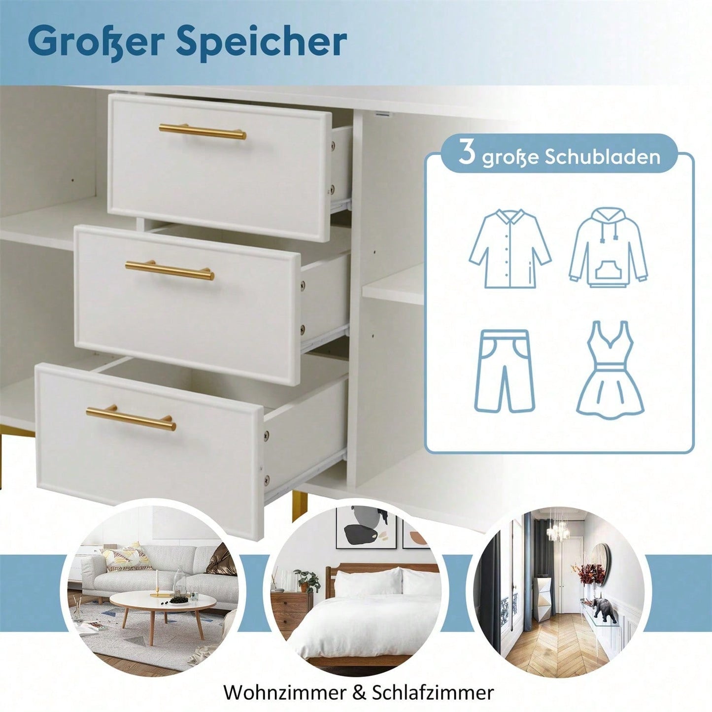 Kommode mit 2 Türen und 3 Schubladen, Weiß Türkommoden mit Schubkasten, Verstellbare Ablage, für Wohnzimmer Schlafzimmer, Weiß-H75/B120/T40 cm