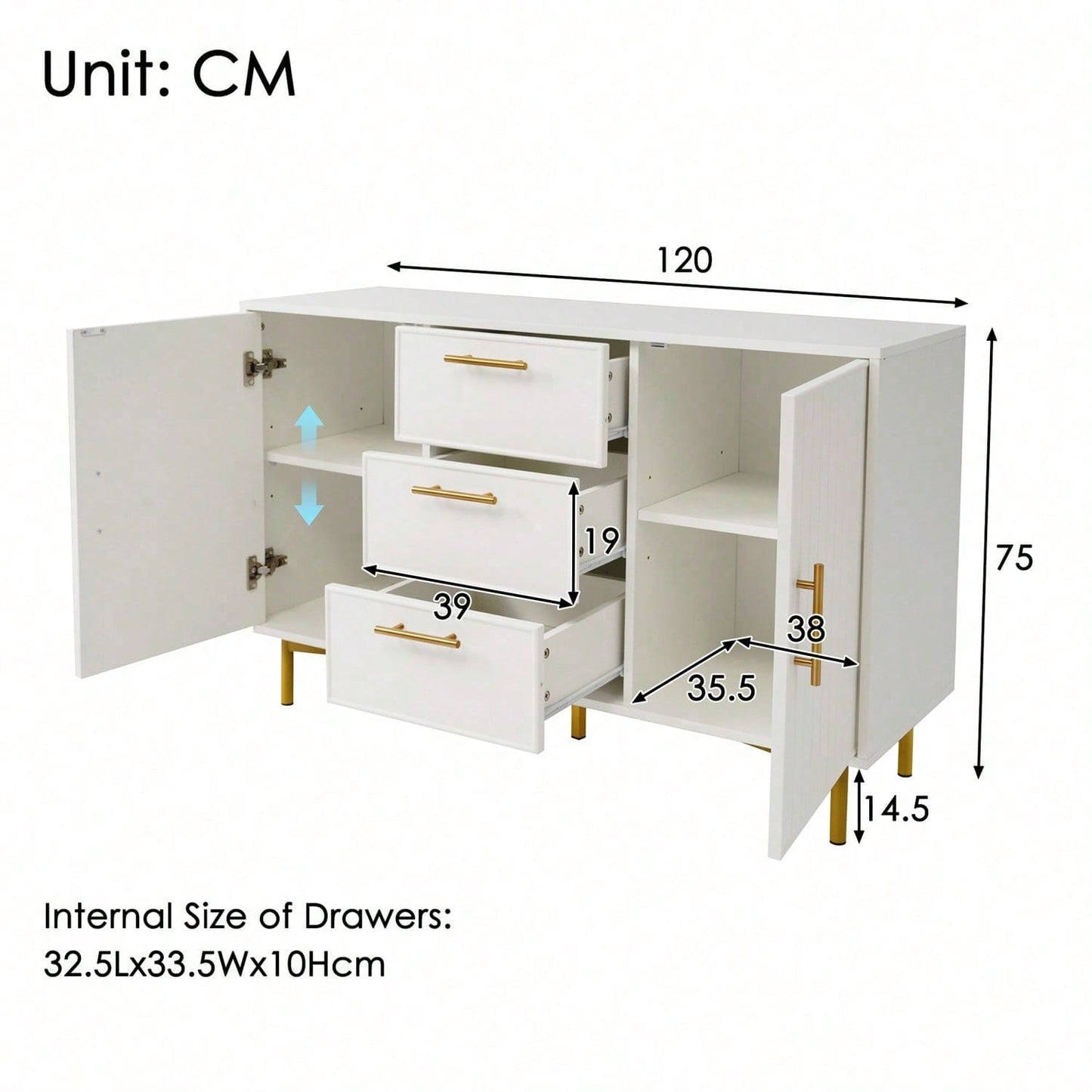 Kommode mit 2 Türen und 3 Schubladen, Weiß Türkommoden mit Schubkasten, Verstellbare Ablage, für Wohnzimmer Schlafzimmer, Weiß-H75/B120/T40 cm