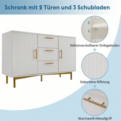 Kommode mit 2 Türen und 3 Schubladen, Weiß Türkommoden mit Schubkasten, Verstellbare Ablage, für Wohnzimmer Schlafzimmer, Weiß-H75/B120/T40 cm