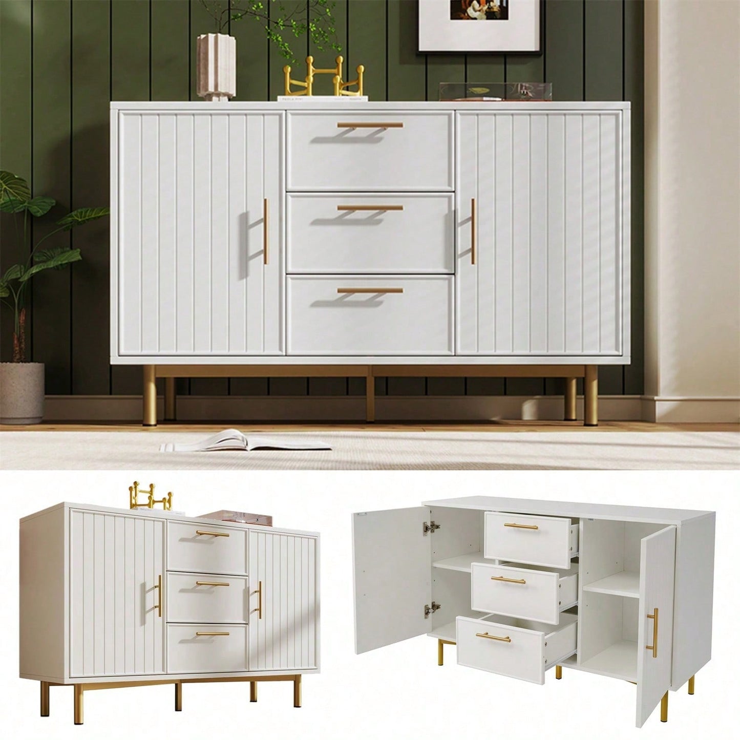 Kommode mit 2 Türen und 3 Schubladen, Weiß Türkommoden mit Schubkasten, Verstellbare Ablage, für Wohnzimmer Schlafzimmer, Weiß-H75/B120/T40 cm