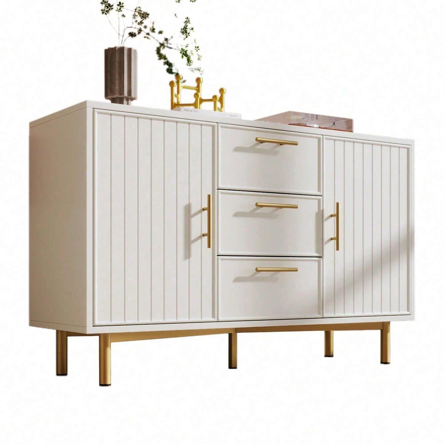 Kommode mit 2 Türen und 3 Schubladen, Weiß Türkommoden mit Schubkasten, Verstellbare Ablage, für Wohnzimmer Schlafzimmer, Weiß-H75/B120/T40 cm