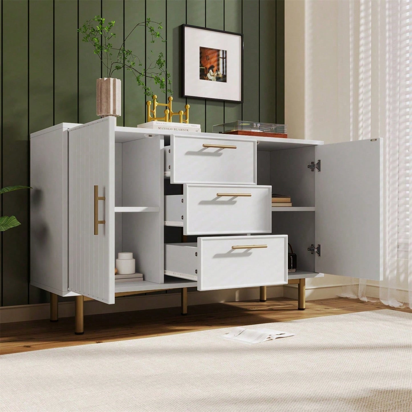 Kommode mit 2 Türen und 3 Schubladen, Weiß Türkommoden mit Schubkasten, Verstellbare Ablage, für Wohnzimmer Schlafzimmer, Weiß-H75/B120/T40 cm