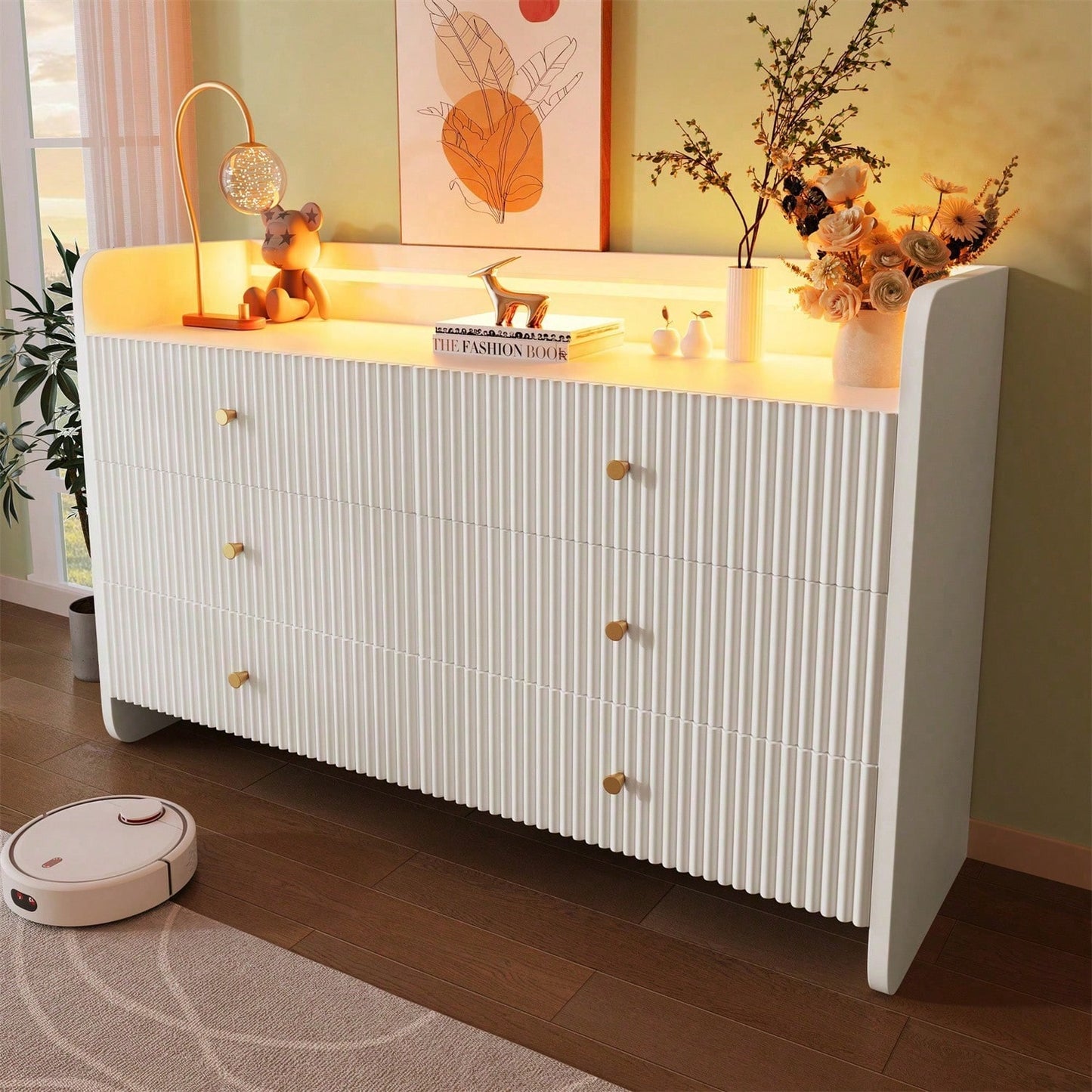 Sideboard, Kommode mit LED-Beleuchtung und 6 Schubladen, Wellenförmiges Rillendesign, Moderner Schrank für Wohnzimmer und Schlafzimmer, 120x40x75cm, Weiß