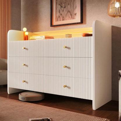 Sideboard, Kommode mit LED-Beleuchtung und 6 Schubladen, Wellenförmiges Rillendesign, Moderner Schrank für Wohnzimmer und Schlafzimmer, 120x40x75cm, Weiß