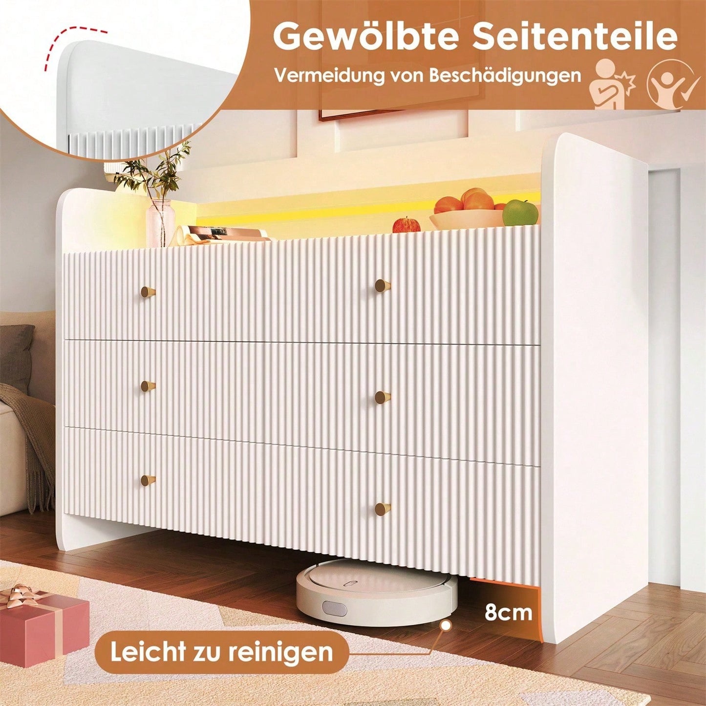 Sideboard, Kommode mit LED-Beleuchtung und 6 Schubladen, Wellenförmiges Rillendesign, Moderner Schrank für Wohnzimmer und Schlafzimmer, 120x40x75cm, Weiß