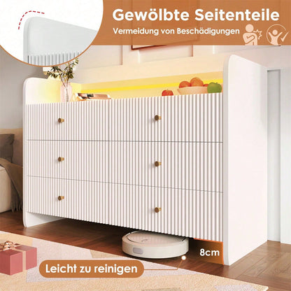 Sideboard, Kommode mit LED-Beleuchtung und 6 Schubladen, Wellenförmiges Rillendesign, Moderner Schrank für Wohnzimmer und Schlafzimmer, 120x40x75cm, Weiß