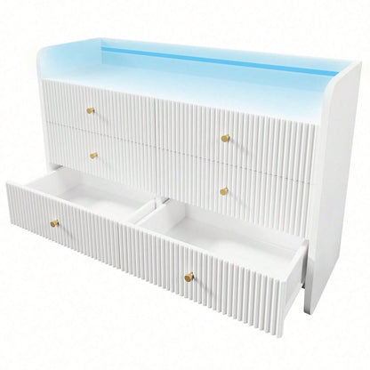 Sideboard, Kommode mit LED-Beleuchtung und 6 Schubladen, Wellenförmiges Rillendesign, Moderner Schrank für Wohnzimmer und Schlafzimmer, 120x40x75cm, Weiß