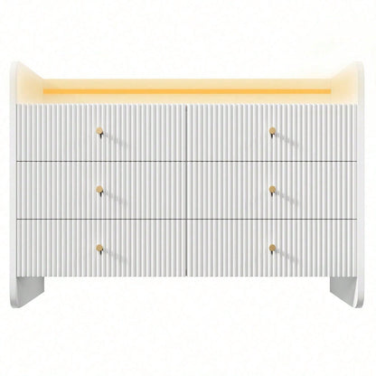 Sideboard, Kommode mit LED-Beleuchtung und 6 Schubladen, Wellenförmiges Rillendesign, Moderner Schrank für Wohnzimmer und Schlafzimmer, 120x40x75cm, Weiß
