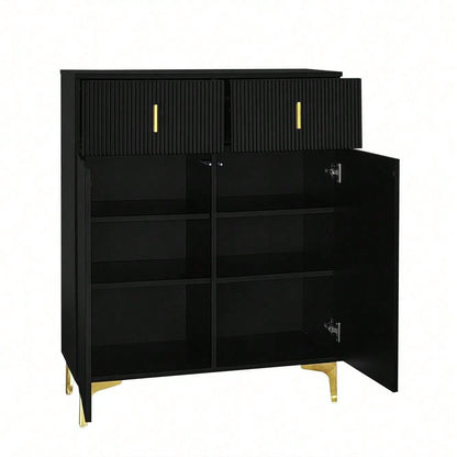 Eleganter Sideboard/Schuhschrank mit Strukturpaneelen, verstellbaren Einlegeböden und vergoldeten Verzierungen, mit Schubladen