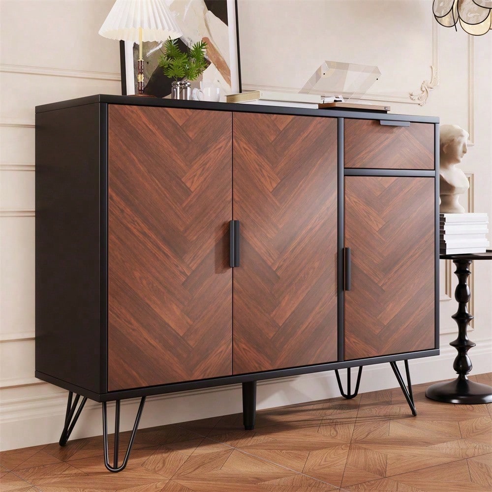 Moderner Aufbewahrungsschrank, Sideboard in Schwarz und Holzoptik mit Schublade und höhenverstellbaren Einlegeböden (90 x 30 x 71,5 cm)