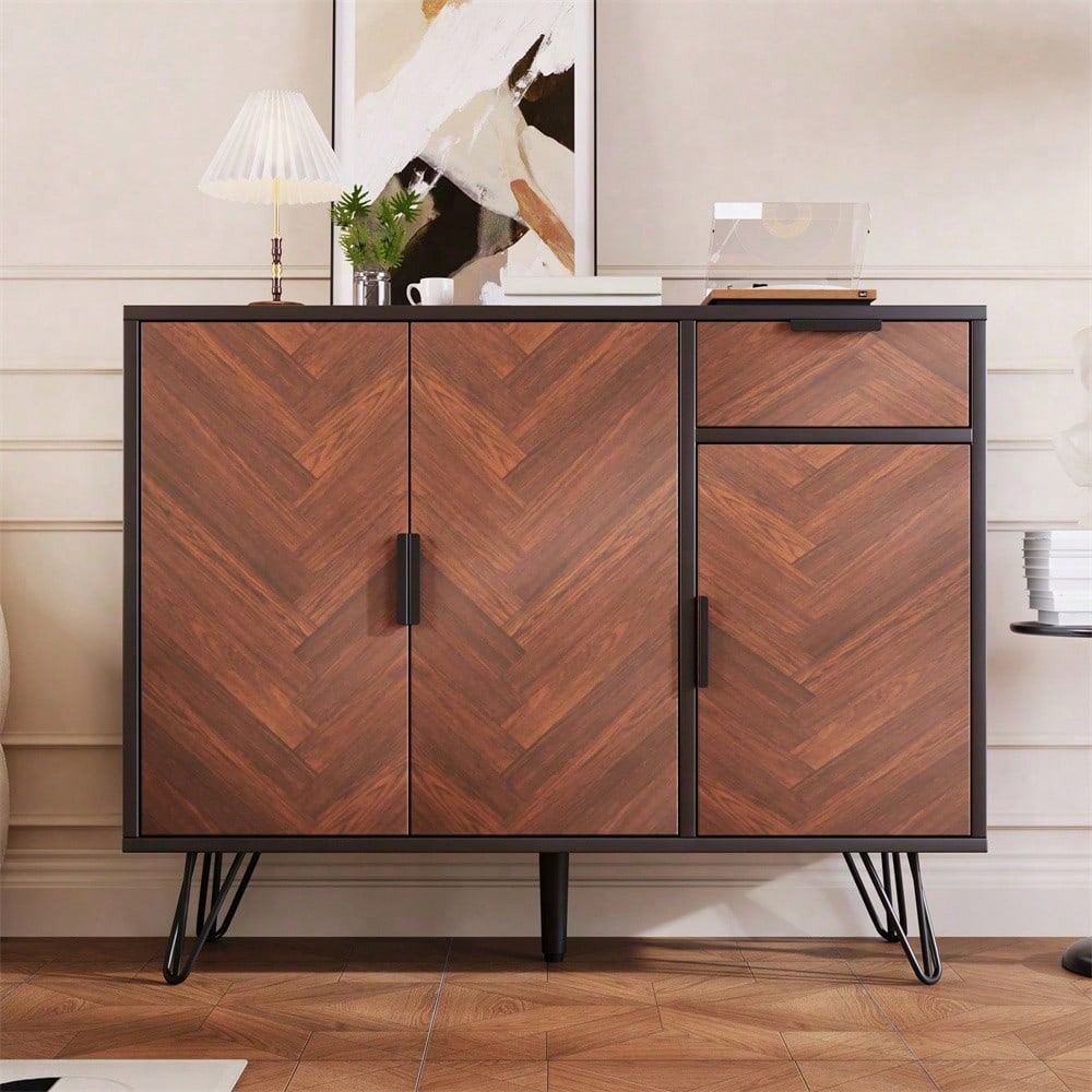 Moderner Aufbewahrungsschrank, Sideboard in Schwarz und Holzoptik mit Schublade und höhenverstellbaren Einlegeböden (90 x 30 x 71,5 cm)