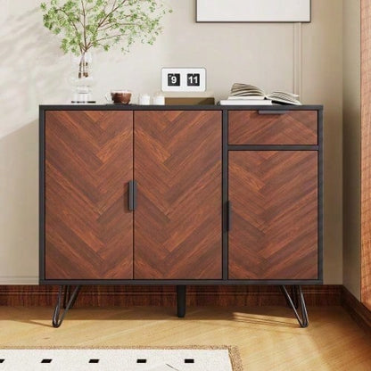 Moderner Aufbewahrungsschrank, Sideboard in Schwarz und Holzoptik mit Schublade und höhenverstellbaren Einlegeböden (90 x 30 x 71,5 cm)