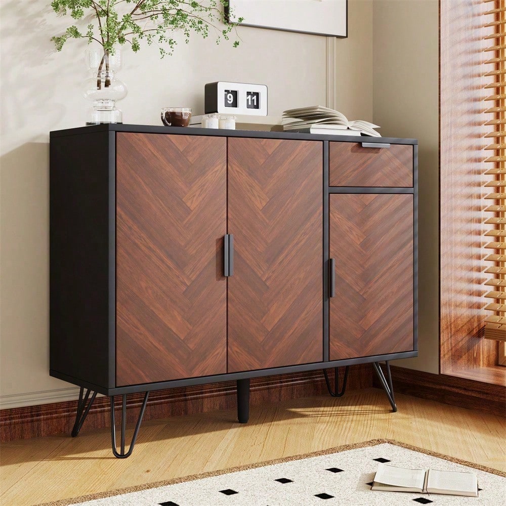 Moderner Aufbewahrungsschrank, Sideboard in Schwarz und Holzoptik mit Schublade und höhenverstellbaren Einlegeböden (90 x 30 x 71,5 cm)
