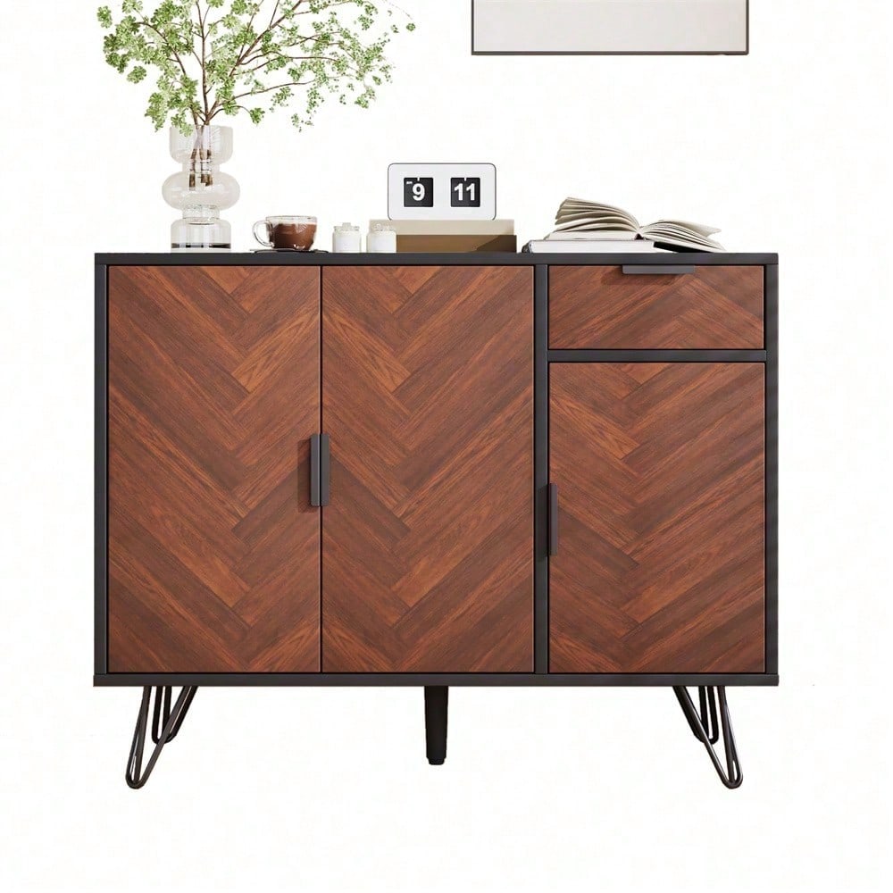 Moderner Aufbewahrungsschrank, Sideboard in Schwarz und Holzoptik mit Schublade und höhenverstellbaren Einlegeböden (90 x 30 x 71,5 cm)