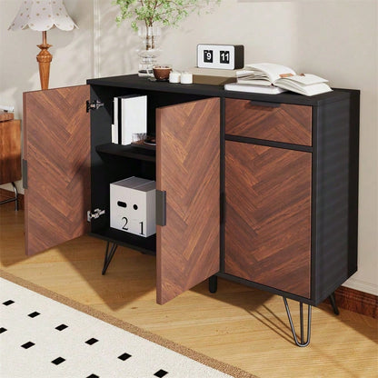 Moderner Aufbewahrungsschrank, Sideboard in Schwarz und Holzoptik mit Schublade und höhenverstellbaren Einlegeböden (90 x 30 x 71,5 cm)