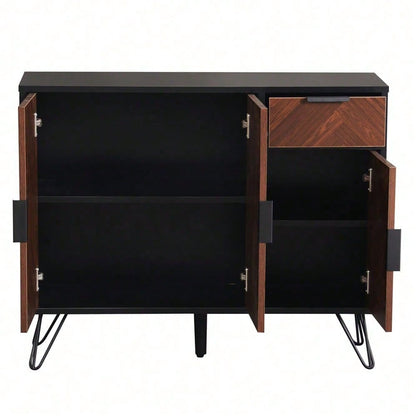 Moderner Aufbewahrungsschrank, Sideboard in Schwarz und Holzoptik mit Schublade und höhenverstellbaren Einlegeböden (90 x 30 x 71,5 cm)