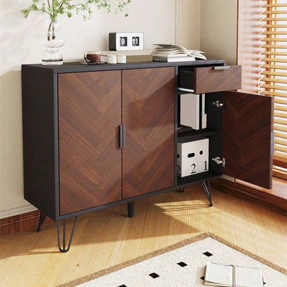 Moderner Aufbewahrungsschrank, Sideboard in Schwarz und Holzoptik mit Schublade und höhenverstellbaren Einlegeböden (90 x 30 x 71,5 cm)