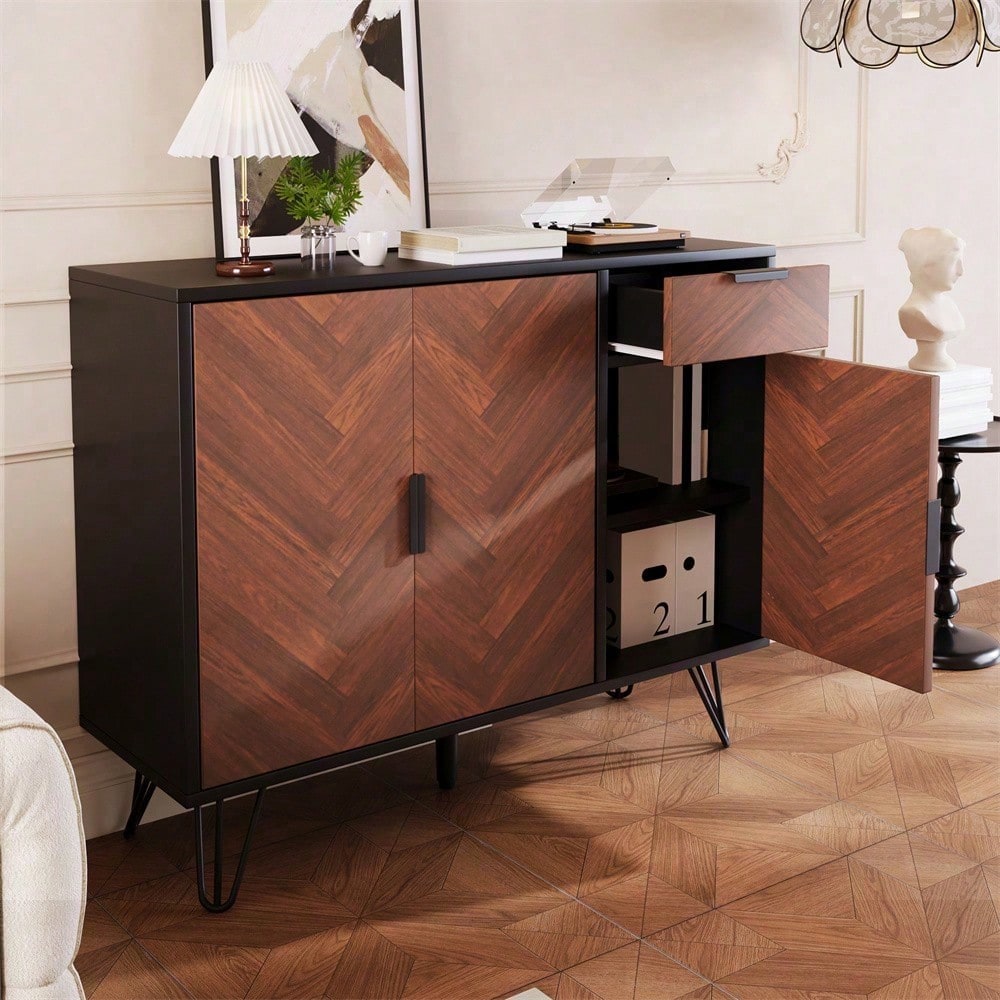 Moderner Aufbewahrungsschrank, Sideboard in Schwarz und Holzoptik mit Schublade und höhenverstellbaren Einlegeböden (90 x 30 x 71,5 cm)