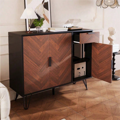 Moderner Aufbewahrungsschrank, Sideboard in Schwarz und Holzoptik mit Schublade und höhenverstellbaren Einlegeböden (90 x 30 x 71,5 cm)