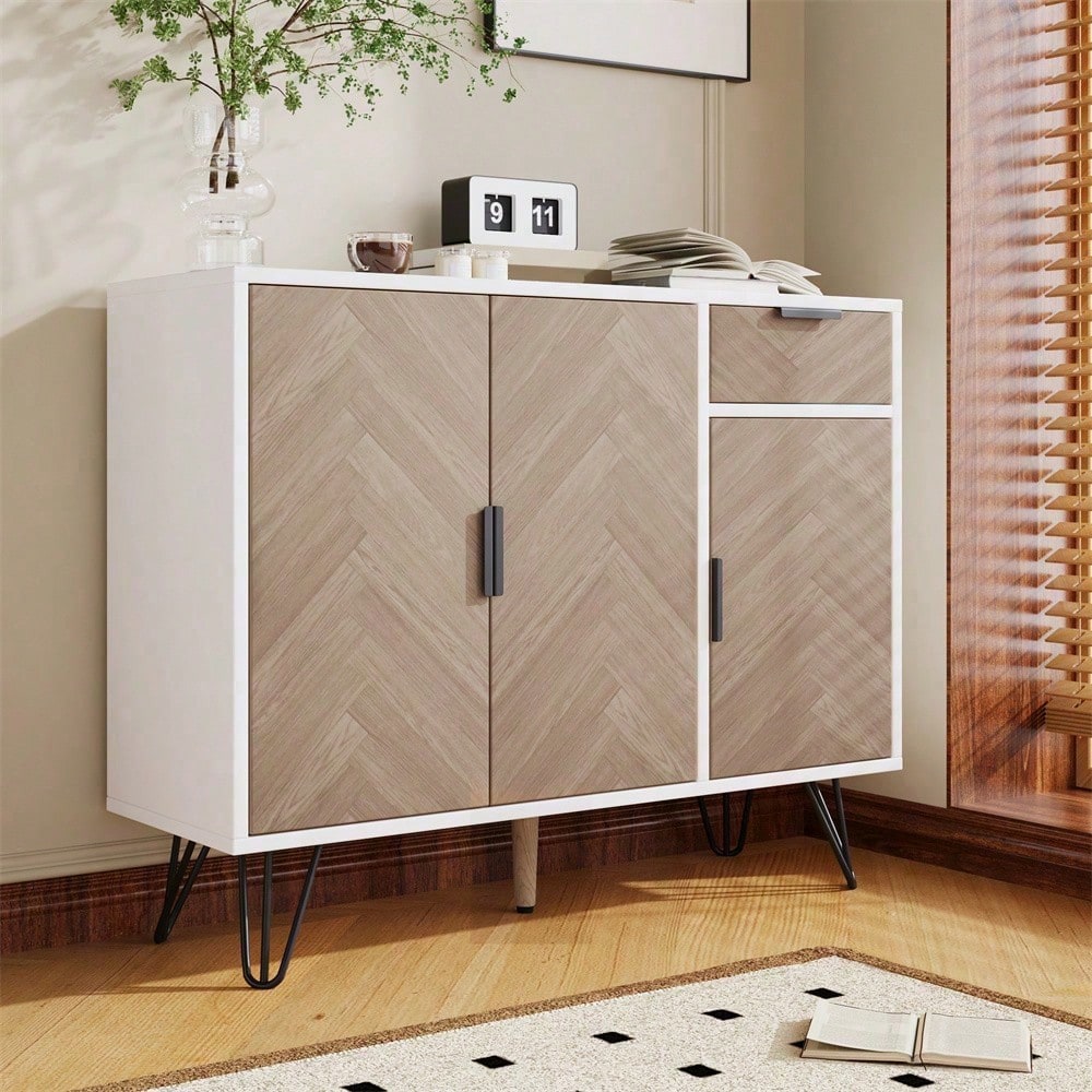 Moderner Aufbewahrungsschrank, Sideboard in Schwarz und Holzoptik mit Schublade und höhenverstellbaren Einlegeböden (90 x 30 x 71,5 cm)