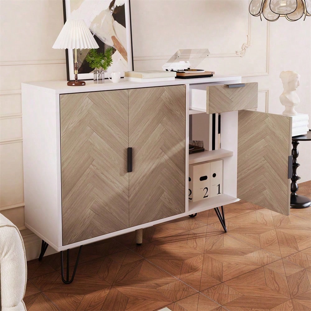 Moderner Aufbewahrungsschrank, Sideboard in Schwarz und Holzoptik mit Schublade und höhenverstellbaren Einlegeböden (90 x 30 x 71,5 cm)