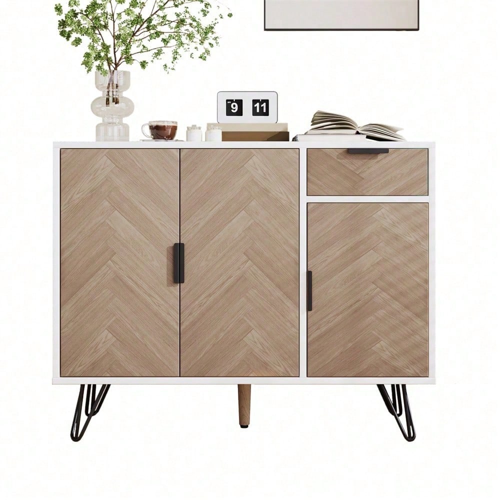 Moderner Aufbewahrungsschrank, Sideboard in Schwarz und Holzoptik mit Schublade und höhenverstellbaren Einlegeböden (90 x 30 x 71,5 cm)