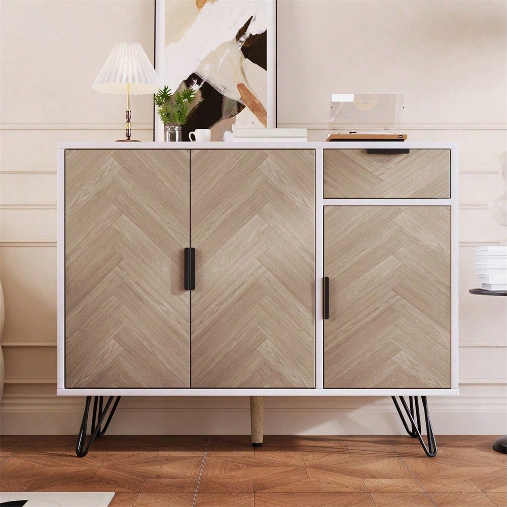 Moderner Aufbewahrungsschrank, Sideboard in Schwarz und Holzoptik mit Schublade und höhenverstellbaren Einlegeböden (90 x 30 x 71,5 cm)