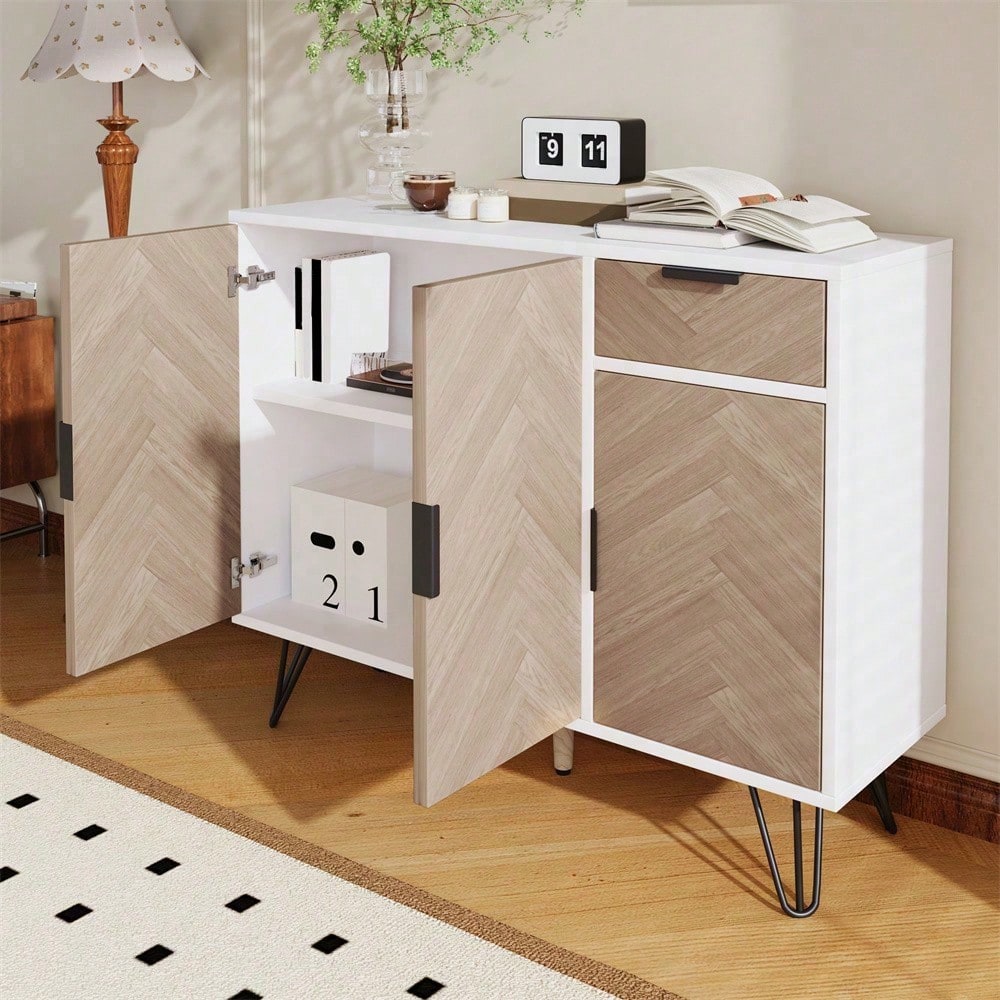 Moderner Aufbewahrungsschrank, Sideboard in Schwarz und Holzoptik mit Schublade und höhenverstellbaren Einlegeböden (90 x 30 x 71,5 cm)