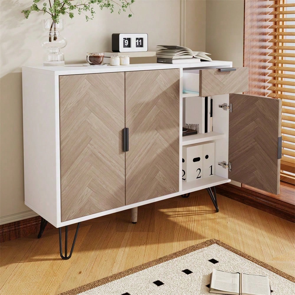Moderner Aufbewahrungsschrank, Sideboard in Schwarz und Holzoptik mit Schublade und höhenverstellbaren Einlegeböden (90 x 30 x 71,5 cm)
