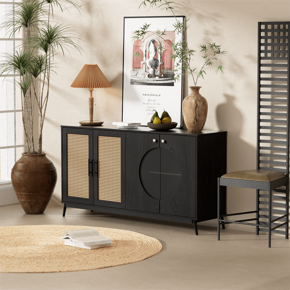 Sideboard mit Glastüren aus Rattan, halbrunde Tür, hochwertige Aufbewahrungsmöbel