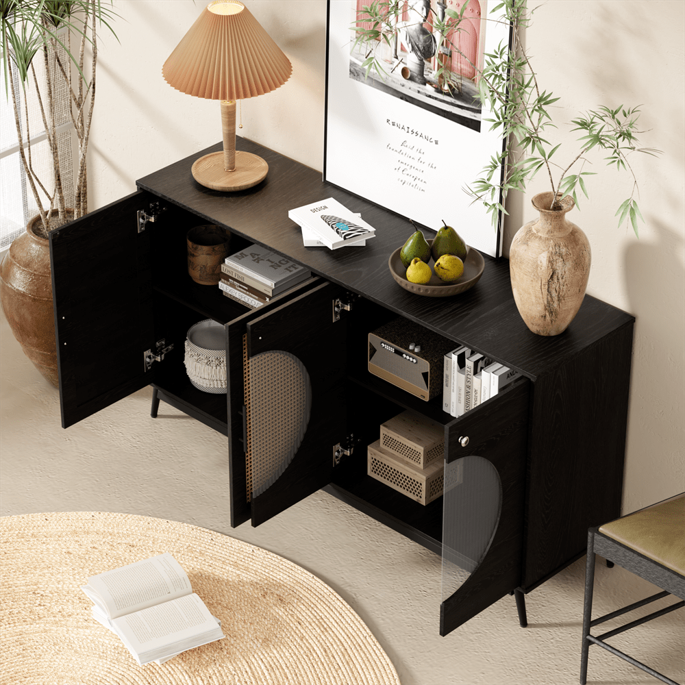 Sideboard mit Glastüren aus Rattan, halbrunde Tür, hochwertige Aufbewahrungsmöbel