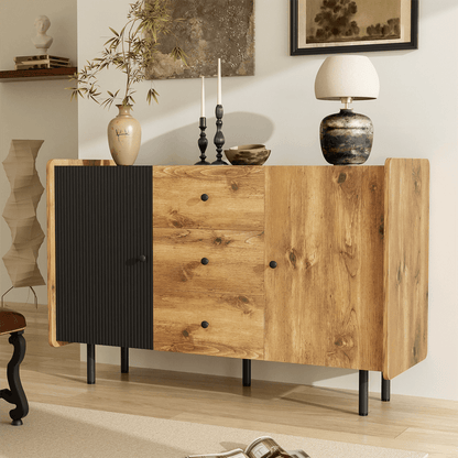 120 cm Schwarzer und Holzfarbener Sideboard - Moderner Stil, Zwei Türen und Drei Schubladen