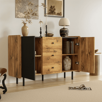 120 cm Schwarzer und Holzfarbener Sideboard - Moderner Stil, Zwei Türen und Drei Schubladen