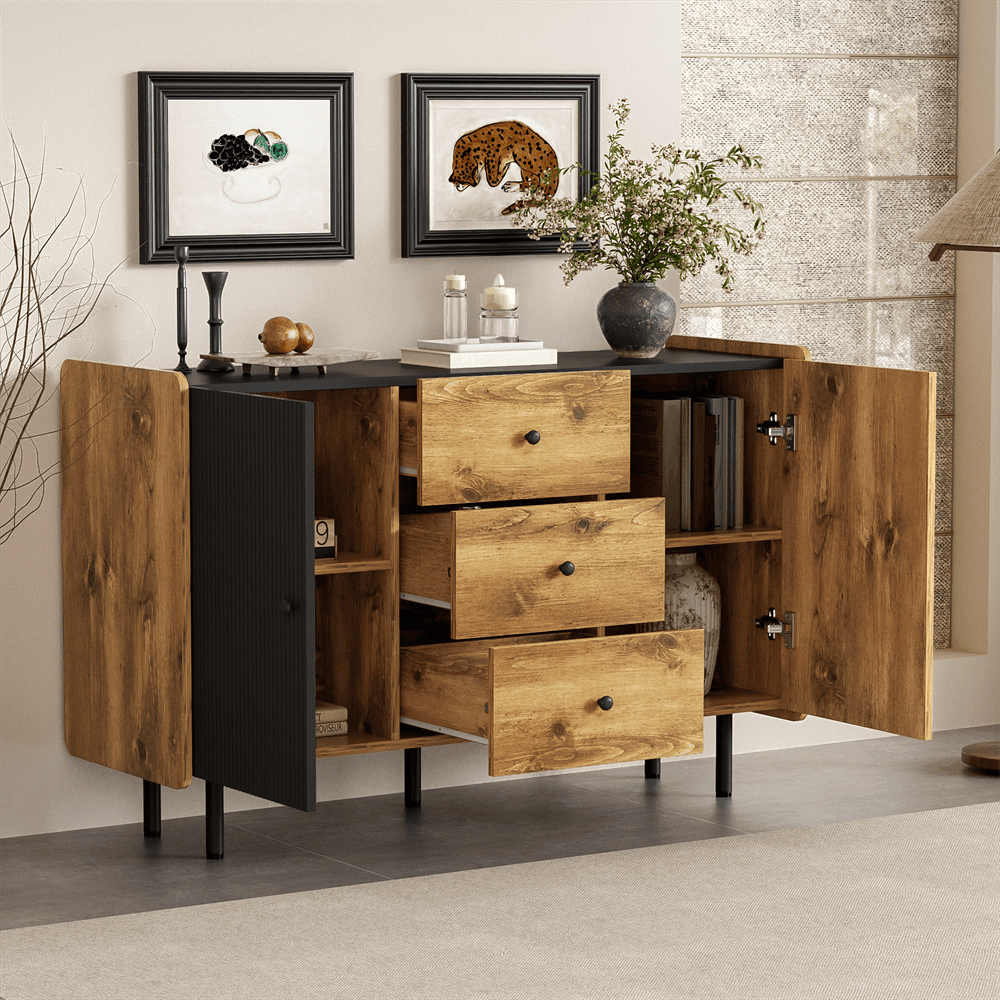 120 cm Schwarzer und Holzfarbener Sideboard - Moderner Stil, Zwei Türen und Drei Schubladen