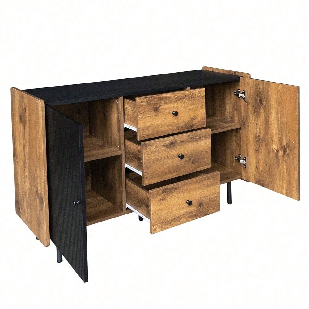 120 cm Schwarzer und Holzfarbener Sideboard - Moderner Stil, Zwei Türen und Drei Schubladen