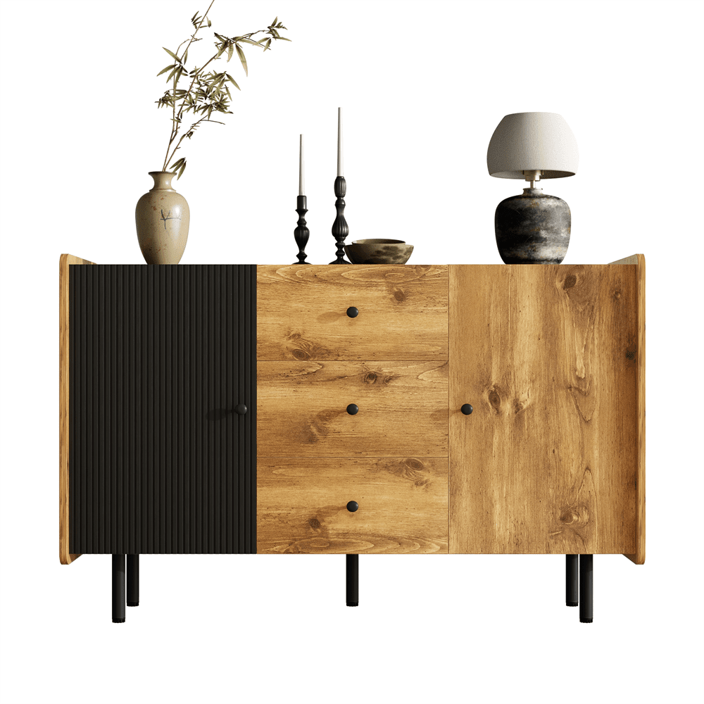 120 cm Schwarzer und Holzfarbener Sideboard - Moderner Stil, Zwei Türen und Drei Schubladen