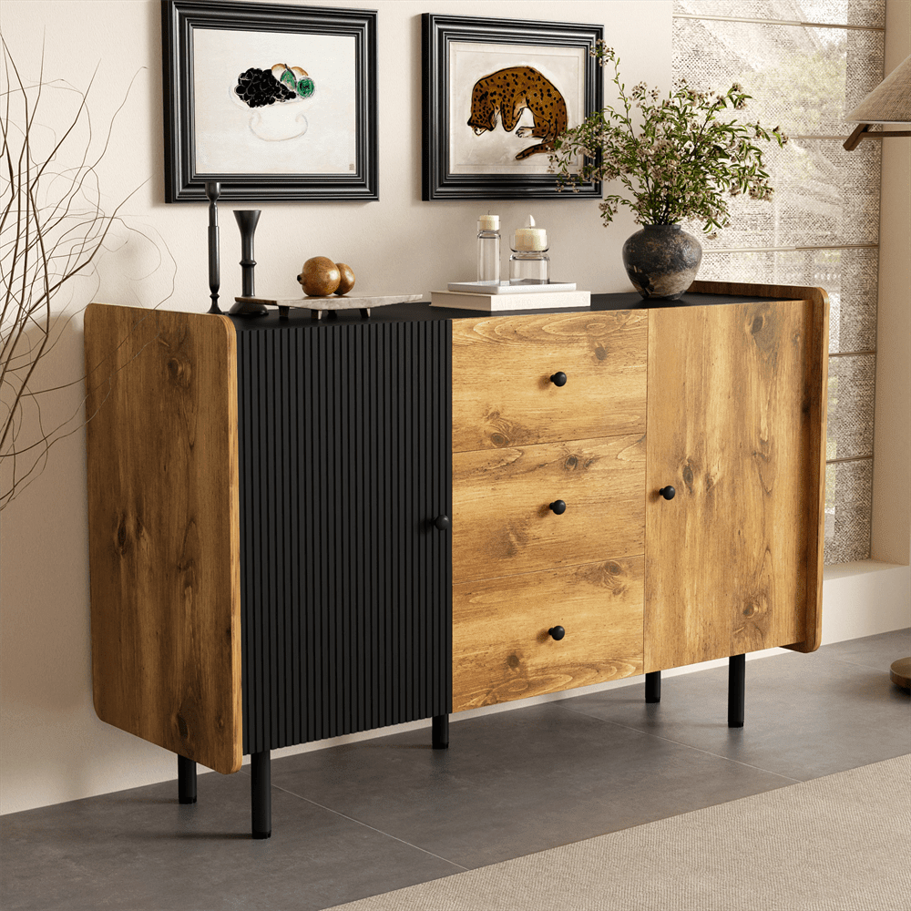 120 cm Schwarzer und Holzfarbener Sideboard - Moderner Stil, Zwei Türen und Drei Schubladen