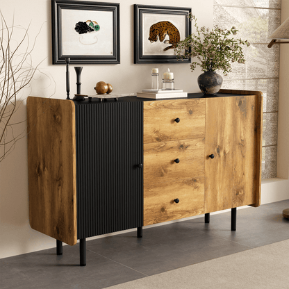 120 cm Schwarzer und Holzfarbener Sideboard - Moderner Stil, Zwei Türen und Drei Schubladen