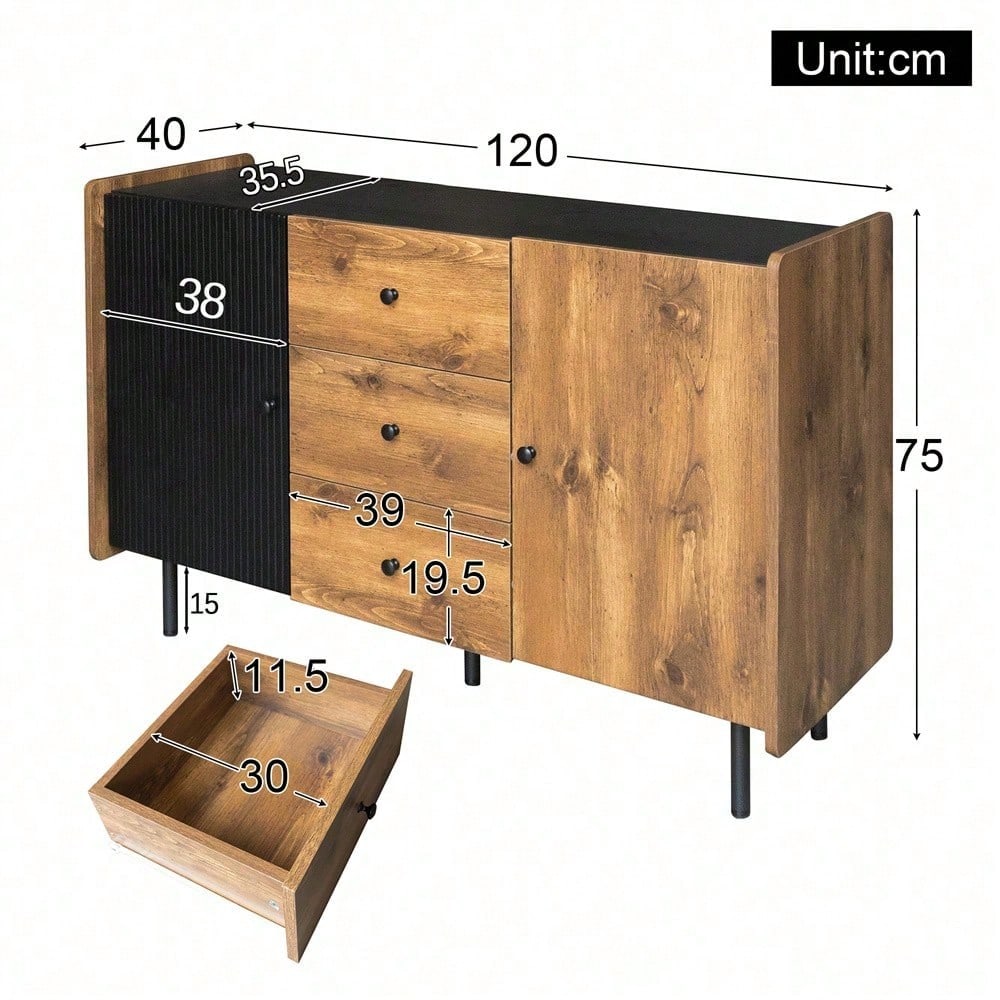 120 cm Schwarzer und Holzfarbener Sideboard - Moderner Stil, Zwei Türen und Drei Schubladen