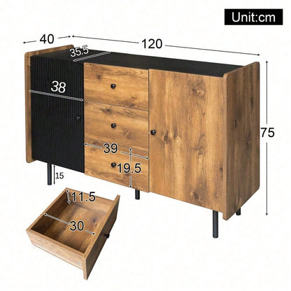 120 cm Schwarzer und Holzfarbener Sideboard - Moderner Stil, Zwei Türen und Drei Schubladen