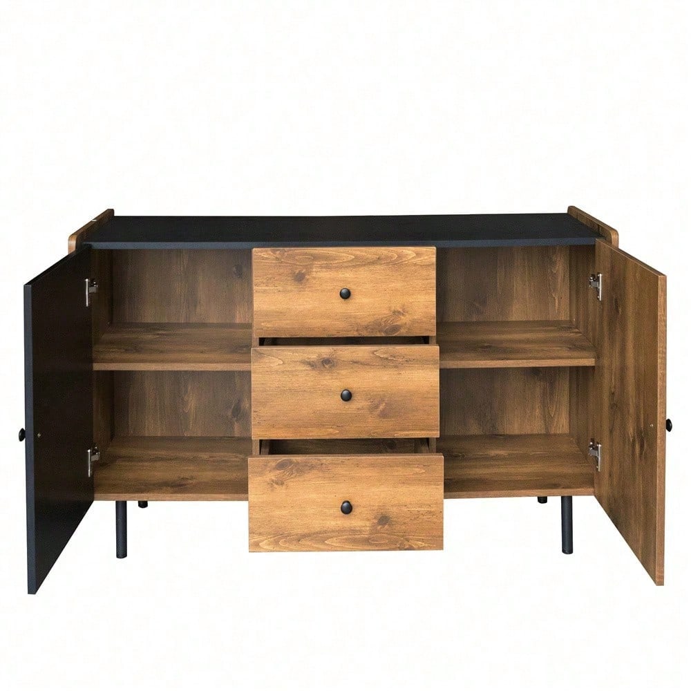 120 cm Schwarzer und Holzfarbener Sideboard - Moderner Stil, Zwei Türen und Drei Schubladen