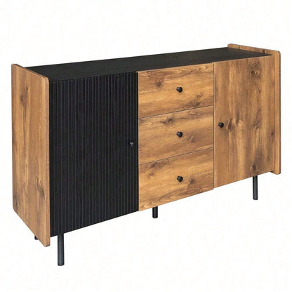 120 cm Schwarzer und Holzfarbener Sideboard - Moderner Stil, Zwei Türen und Drei Schubladen