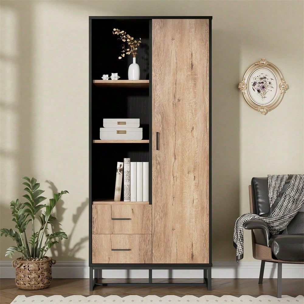 Moderner Highboard Schrank 80x40x180 cm – Holzoptik mit schwarzem Rahmen, mit Tür, 2 Schubladen & 3 offenen Fächern – Vielseitiger Stauraum für Wohnzimmer, Büro & Flur