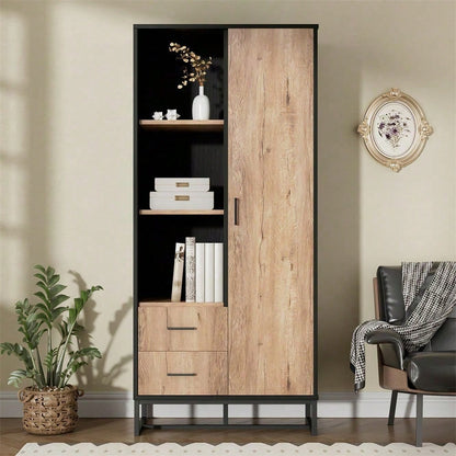 Moderner Highboard Schrank 80x40x180 cm – Holzoptik mit schwarzem Rahmen, mit Tür, 2 Schubladen & 3 offenen Fächern – Vielseitiger Stauraum für Wohnzimmer, Büro & Flur