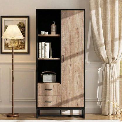 Moderner Highboard Schrank 80x40x180 cm – Holzoptik mit schwarzem Rahmen, mit Tür, 2 Schubladen & 3 offenen Fächern – Vielseitiger Stauraum für Wohnzimmer, Büro & Flur