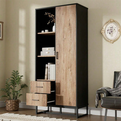 Moderner Highboard Schrank 80x40x180 cm – Holzoptik mit schwarzem Rahmen, mit Tür, 2 Schubladen & 3 offenen Fächern – Vielseitiger Stauraum für Wohnzimmer, Büro & Flur