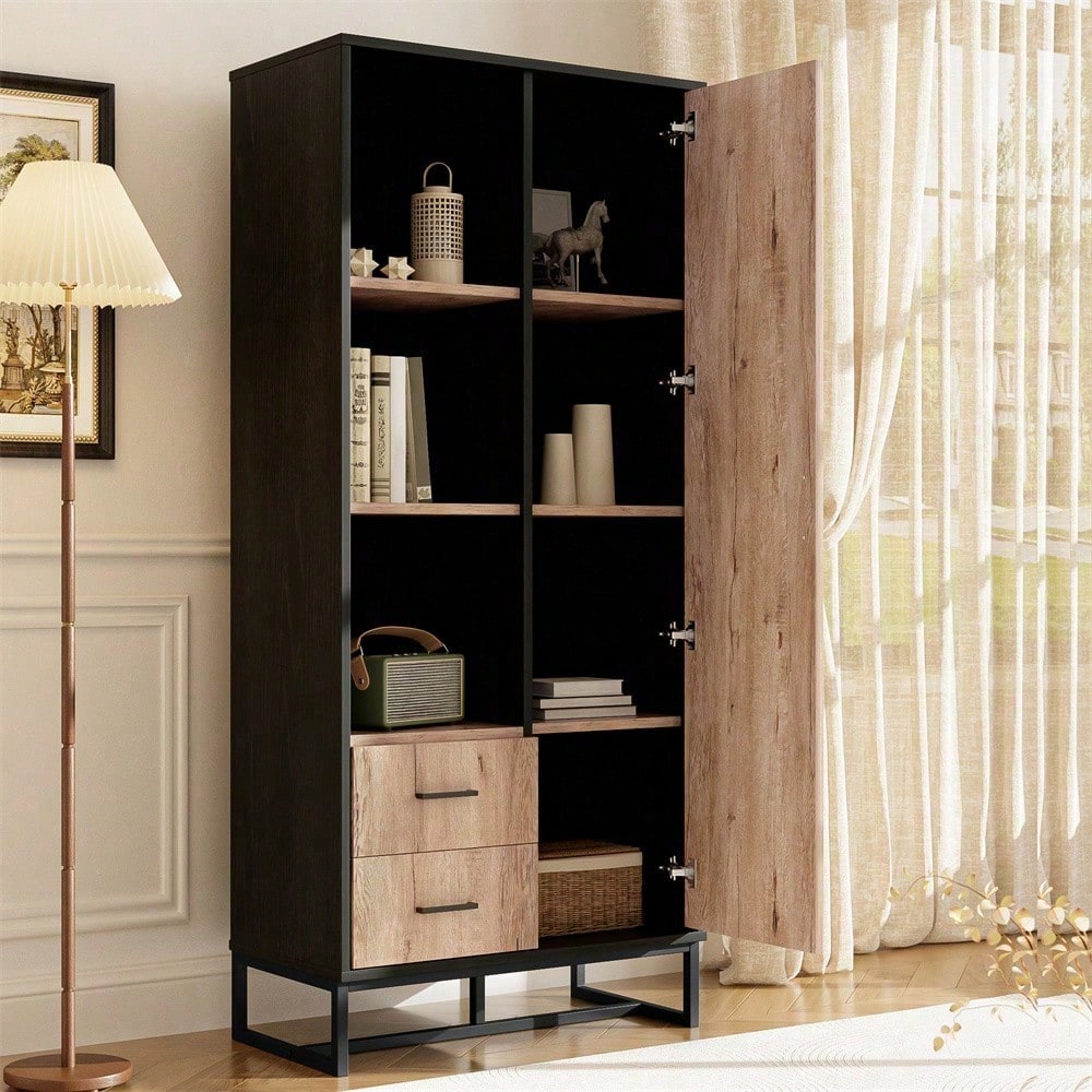 Moderner Highboard Schrank 80x40x180 cm – Holzoptik mit schwarzem Rahmen, mit Tür, 2 Schubladen & 3 offenen Fächern – Vielseitiger Stauraum für Wohnzimmer, Büro & Flur