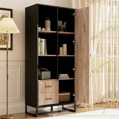 Moderner Highboard Schrank 80x40x180 cm – Holzoptik mit schwarzem Rahmen, mit Tür, 2 Schubladen & 3 offenen Fächern – Vielseitiger Stauraum für Wohnzimmer, Büro & Flur